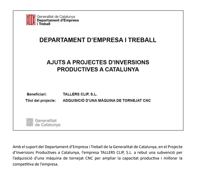 Cartell Subvenció Departament d'Empresa i Treball